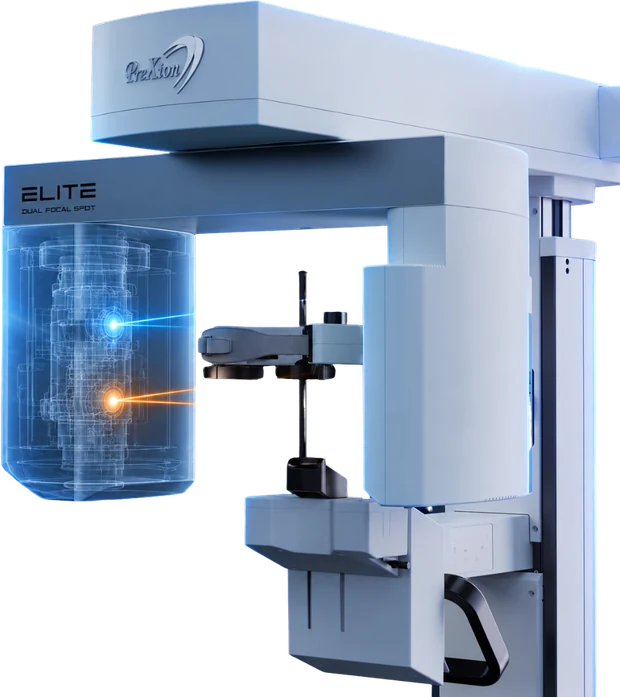 PreXion Elite em detalhe, com os dois pontos focais do Dual Focal Spot